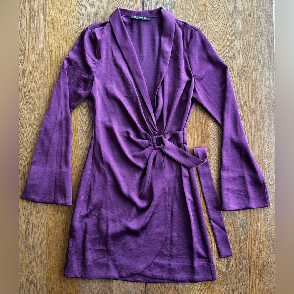 MANGO Wrapped Satin Buckled Dress Dark Purple Whimsical Statement Flare Sleeves - Picture 2 of 14